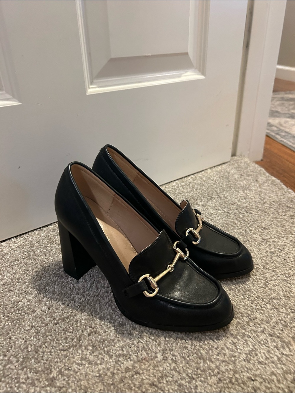 BCBGeneration Black Leather Loafers with Gold Horsebit Hardware
